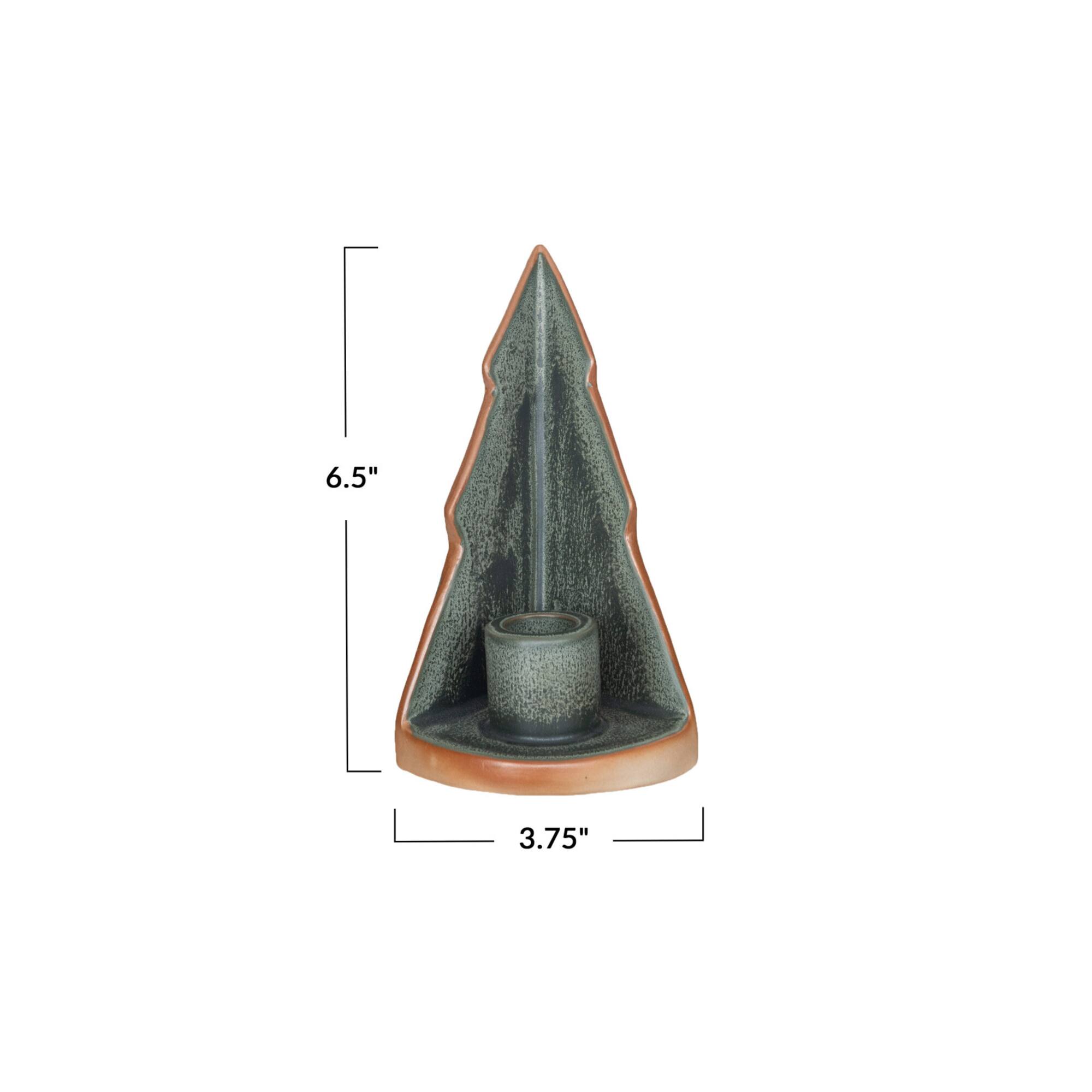 Hello Honey® 6.5" Green Compact Stoneware Tree Taper Candleholder with Reactive Glaze